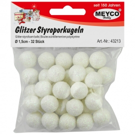 WHITE GLITTER STYROFOAM BALLS - 1.5CM - X32