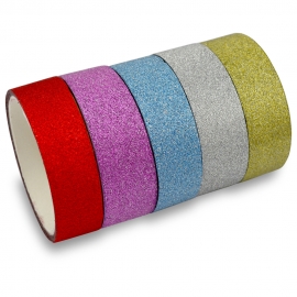 GLITTER WASHI TAPES SET X 5PCS 1.5CM X 3M - RED,SILVER,GOLD,BLUE,PINK