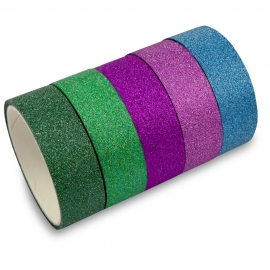 GLITTER WASHI TAPES SET X 5PCS 1.5CM X 3M - GREEN,TURQUOISE,LILAC,DK BLUE,MAGENTA