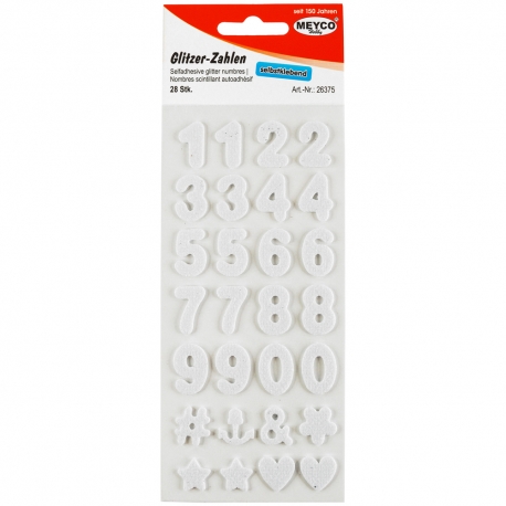 SELF ADHESIVE STICKERS GLITTER NUMBERS WHITE 2MM X 2CM