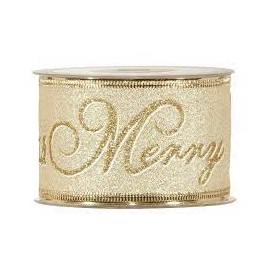 MERRY CHRISTMAS RIBBON 63MM - GOLD BY THE METER