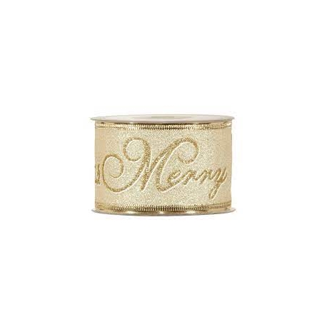 MERRY CHRISTMAS RIBBON 63MM - GOLD BY THE METER